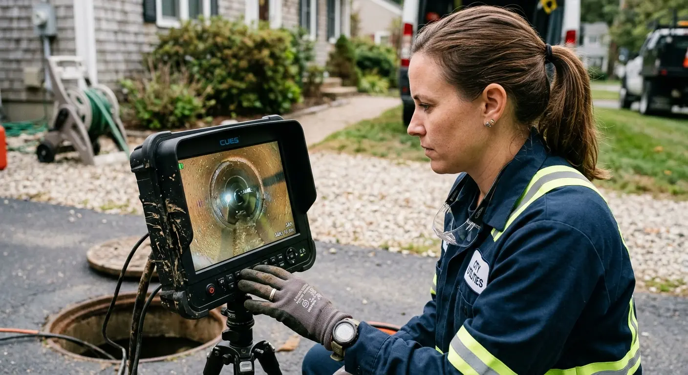Technician reviewing sewer camera inspection footage in Okeechobee