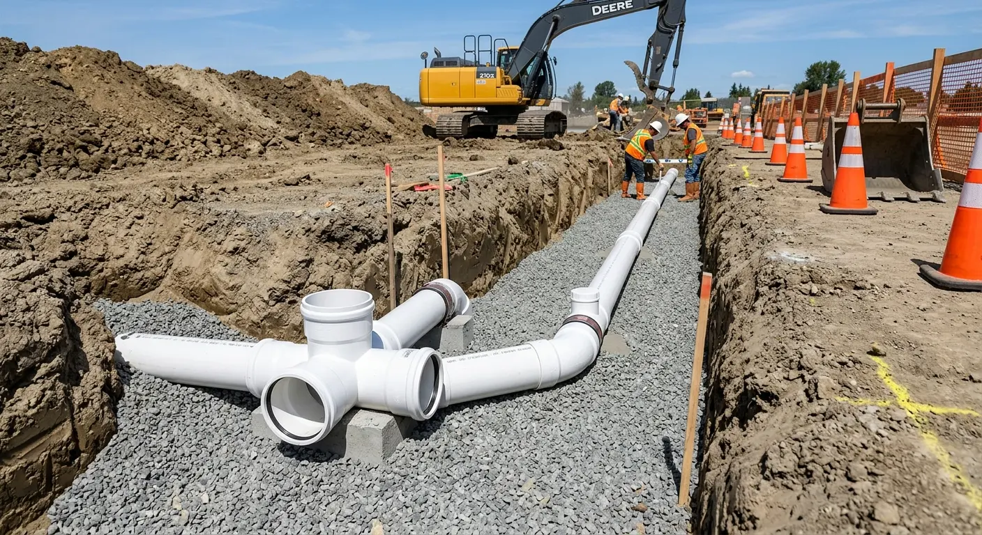 New PVC sewer pipe installation in open trench for Sewer Backup in Okeechobee