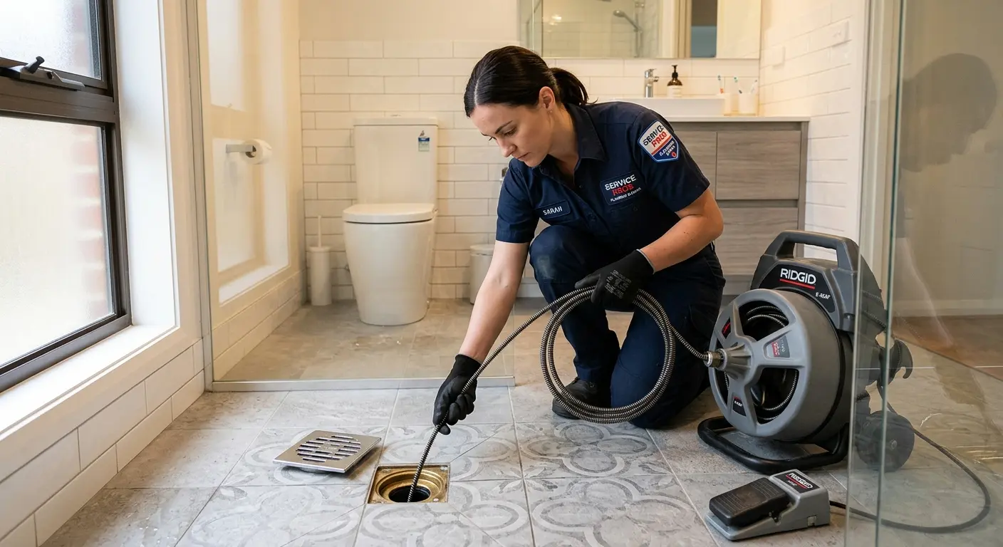 Technician clearing a bathroom floor drain for Drain Repair in Okeechobee